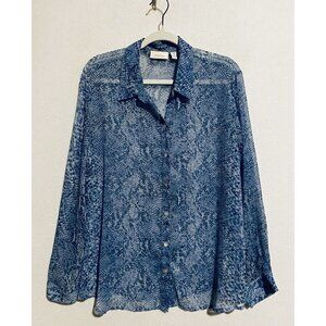 Chicos Top Womens XL Blue Snakeskin Animal Print Sheer Button Up Flowy Boho